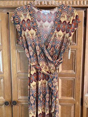 Olivia Matthews Multi Color Sleeveless Dress Pull Over Wrap L